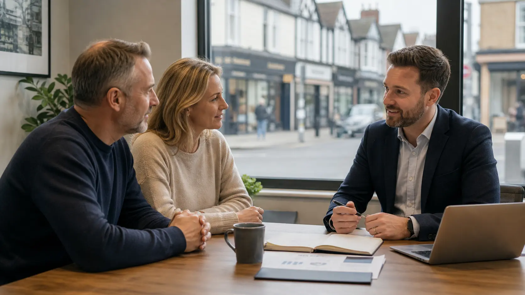 Financial adviser speaking with clients in a local office.